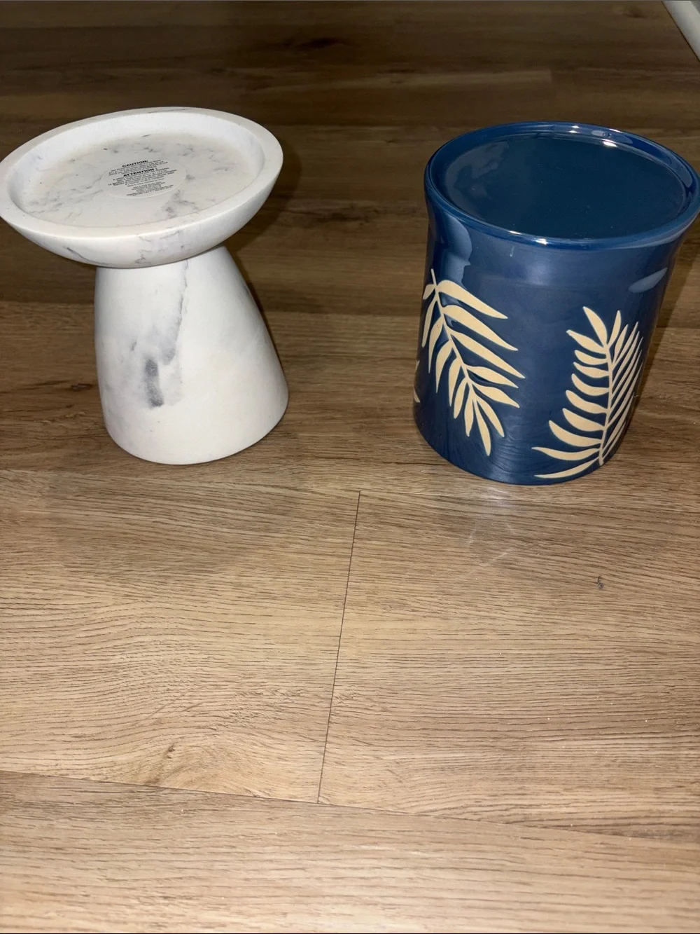 Blue Ceramic Leaf and White Marble Ceramic Candle Pedestal